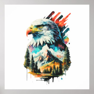 Watercolor Eagle & Mountain Landscape Art Poster