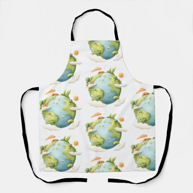 Watercolor Earth- Cartoon Earth with Nature Elemen Apron (Front)