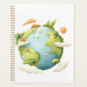 Watercolor Earth- Cartoon Earth with Nature Elemen Planner