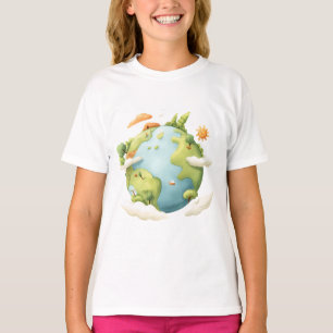 Watercolor Earth- Cartoon Earth with Nature Elemen T-Shirt