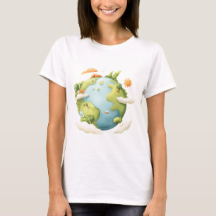 Watercolor Earth- Cartoon Earth with Nature Elemen T-Shirt