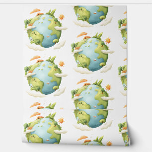 Watercolor Earth- Cartoon Earth with Nature Elemen Wallpaper