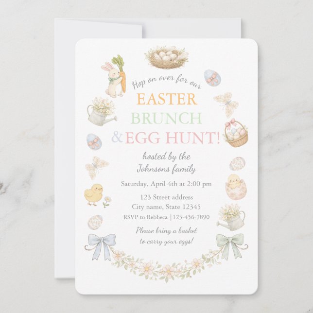 Watercolor Easter Brunch and Egg Hunt Invitation (Front)