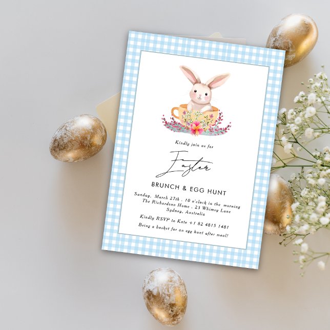 Watercolor Easter Brunch Floral bunny Gingham Invitation (Creator Uploaded)