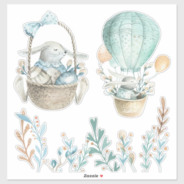 Watercolor Easter Bunnies Baskets White or Clear (Sheet)