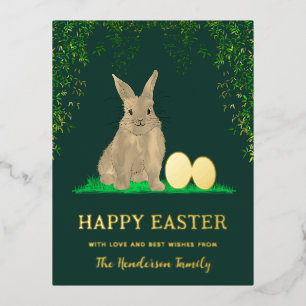 Watercolor Easter Bunny and Eggs Green Gold Foil Holiday Postcard