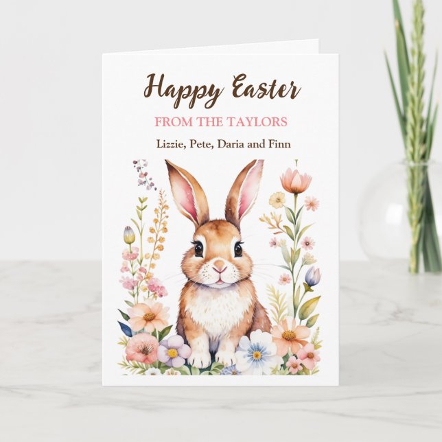 Watercolor Easter Bunny and Flowers Personalised Card (Front)