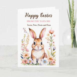 Watercolor Easter Bunny and Flowers Personalised Card