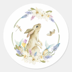 Watercolor Easter Bunny and Spring Flowers  Classic Round Sticker