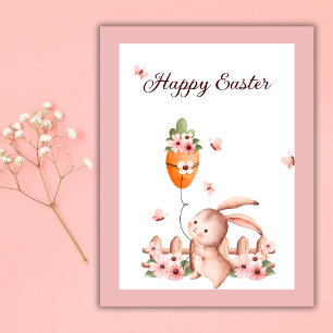 Watercolor Easter Bunny Carrot Balloon Butterfly Postcard