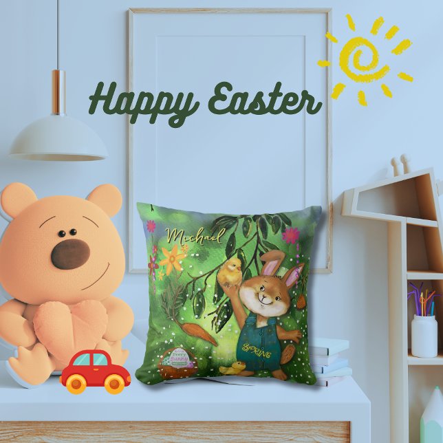 Watercolor Easter Bunny & chickens Cushion (Watercolor Easter Bunny & chickens Throw Pillow)