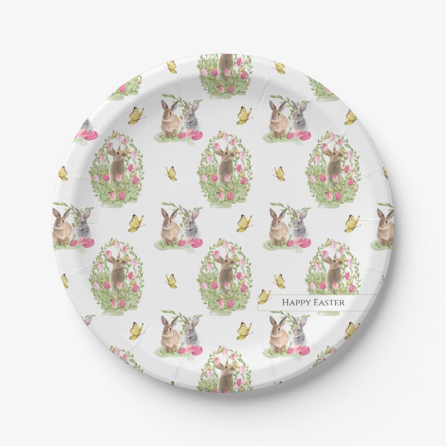 Watercolor Easter Bunny Floral Easter Egg Paper Plate (Front)