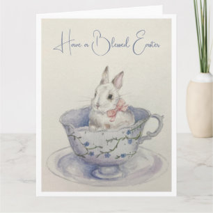 Watercolor Easter Bunny in Teacup Folded Greeting Card
