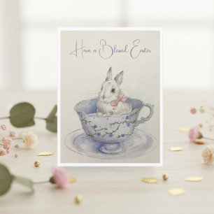 Watercolor Easter Bunny in Teacup Holiday Postcard