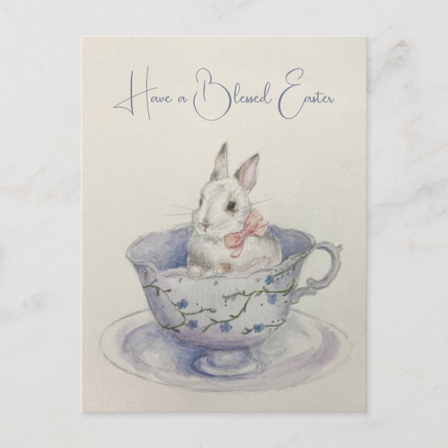 Watercolor Easter Bunny in Teacup  Postcard (Front)