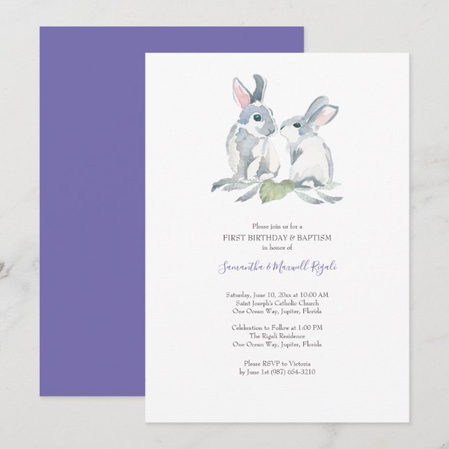Watercolor Easter Bunny Invitations Twins Birthday (Front/Back)