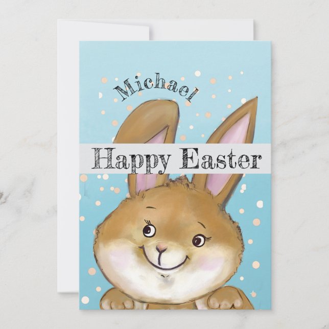 Watercolor Easter Bunny Kids Blue Holiday Card (Front)