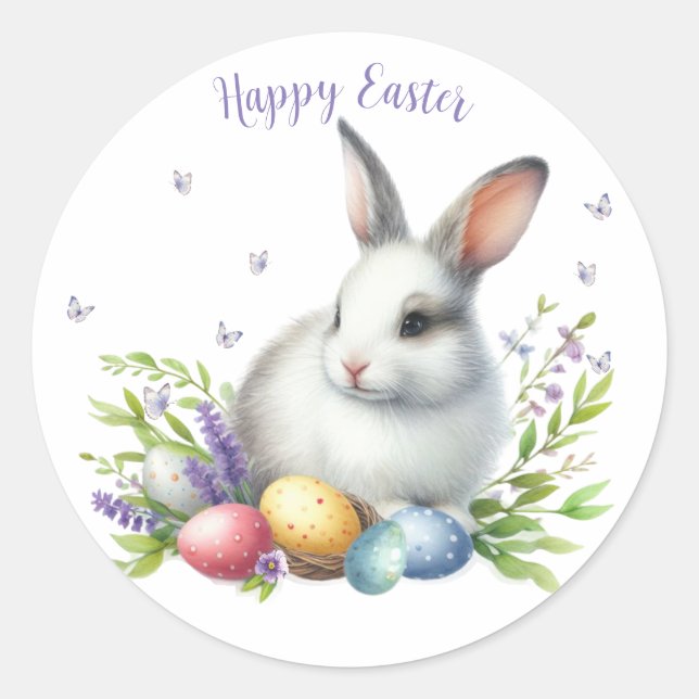 Watercolor Easter Bunny Personalised Classic Round Sticker (Front)