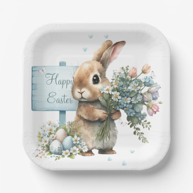 Watercolor Easter Bunny Personalised Paper Plate (Front)