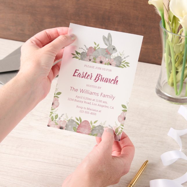  watercolor easter bunny pink floral brunch  vellum invitations (Handheld)