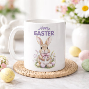 Watercolor Easter Bunny Purple Floral Happy Easter Coffee Mug