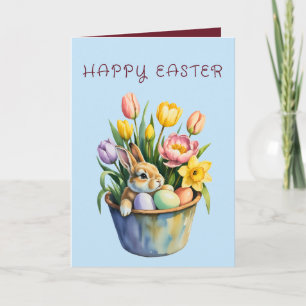 Watercolor Easter Bunny Tulip Basket Greeting Card