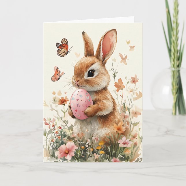 Watercolor Easter Bunny with Painted Egg & Flowers Holiday Card (Front)