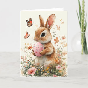 Watercolor Easter Bunny with Painted Egg & Flowers Holiday Card