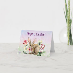 Watercolor Easter Card with Bunny and Flowers