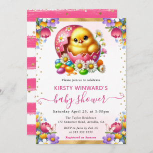 Watercolor Easter Chick Spring Flowers Baby Shower Invitation
