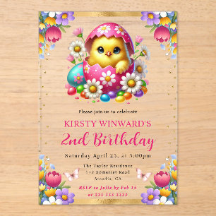 Watercolor Easter Chick Spring Flowers Birthday Acrylic Invitations