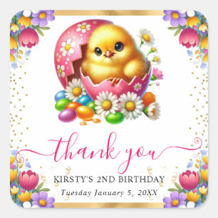 Watercolor Easter Chick Spring Flowers Birthday Square Sticker