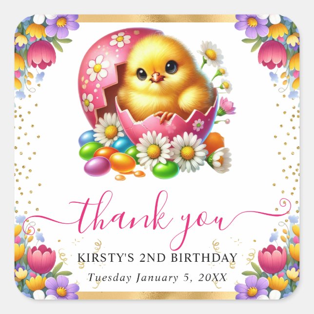 Watercolor Easter Chick Spring Flowers Birthday Square Sticker (Front)