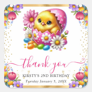 Watercolor Easter Chick Spring Flowers Birthday Square Sticker
