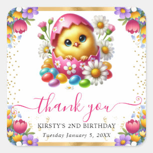 Watercolor Easter Chick Spring Flowers Birthday Square Sticker