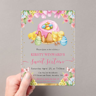 Watercolor Easter Chicks and Cake Spring Sweet 16 Acrylic Invitations