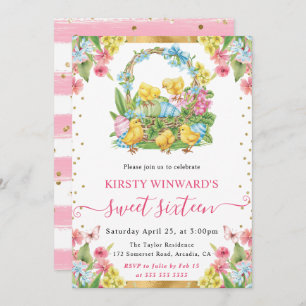Watercolor Easter Chicks and Eggs Spring Sweet 16 Invitation