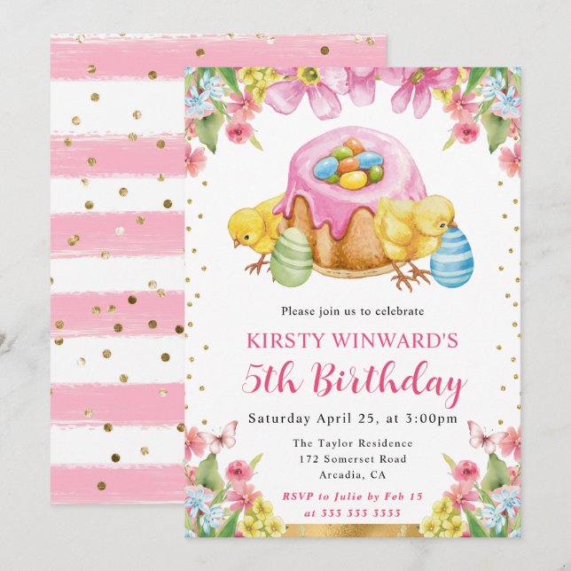 Watercolor Easter Chicks Spring 5th Birthday Invitation (Front/Back)