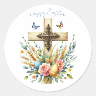 Watercolor Easter Cross Personalised Classic Round Sticker