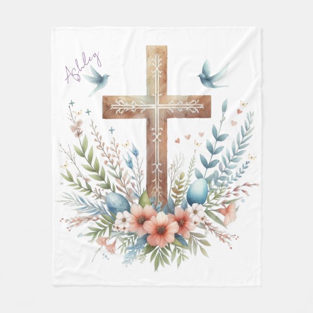 Watercolor Easter Cross Personalised Fleece Blanket (Front)