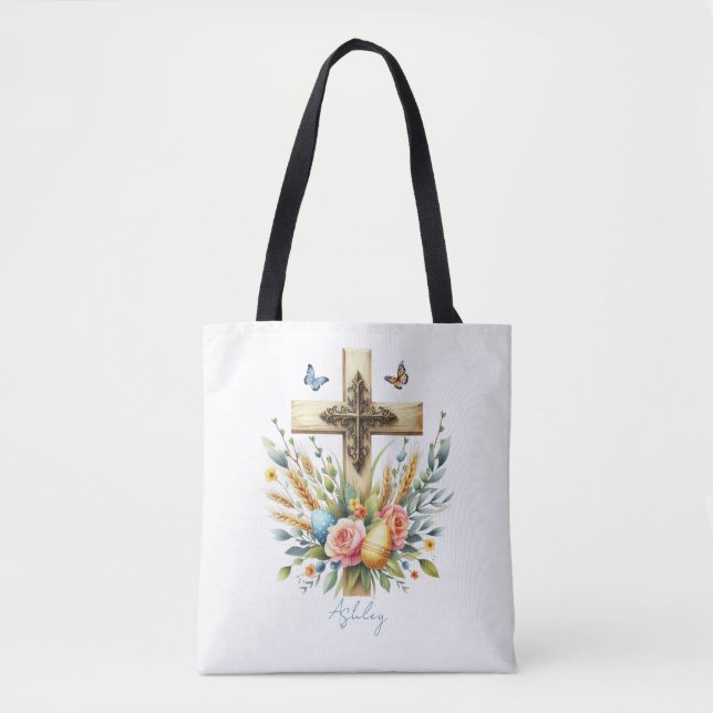 Watercolor Easter Cross Personalised Tote Bag (Front)