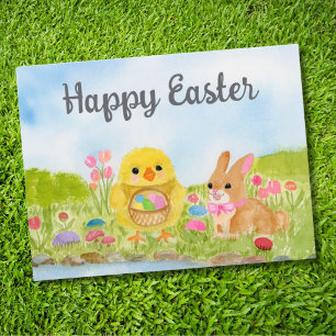 Watercolor Easter Egg Chick Easter Bunny Postcard