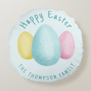 Watercolor Easter Eggs Blue Happy Easter Round Cushion