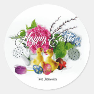 Watercolor Easter Eggs, Ducklings & Spring Flowers Classic Round Sticker