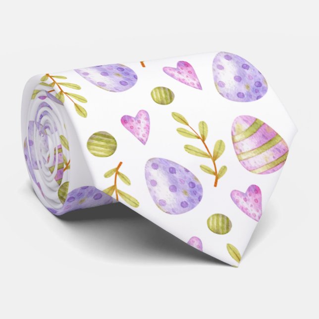 Watercolor Easter Eggs & Hearts Tie (Rolled)