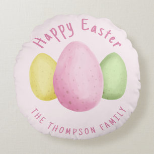 Watercolor Easter Eggs Pink Happy Easter Round Cushion