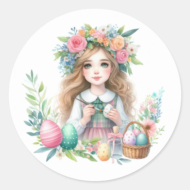 Watercolor Easter girl Classic Round Sticker (Front)