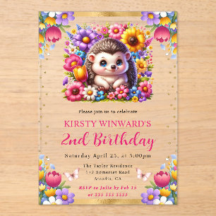 Watercolor Easter Hedgehog Spring Flowers Birthday Acrylic Invitations