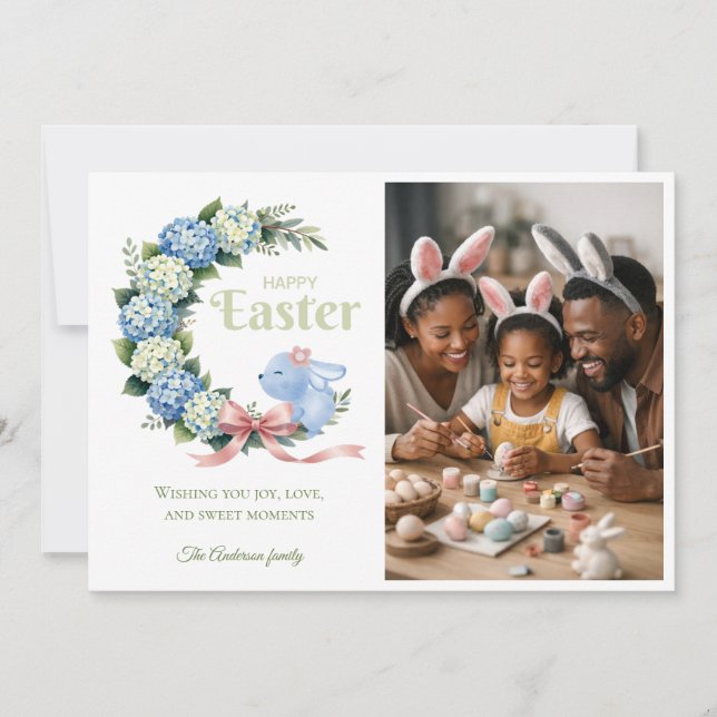 Watercolor Easter Hydrangea Cute Bunny Photo Holiday Card (Front)
