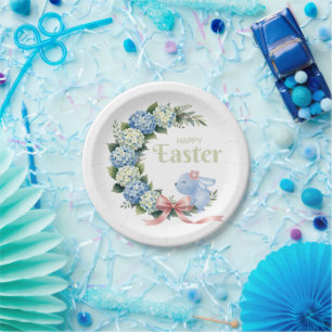 Watercolor Easter Hydrangea Wreath Cute Bunny Paper Plate